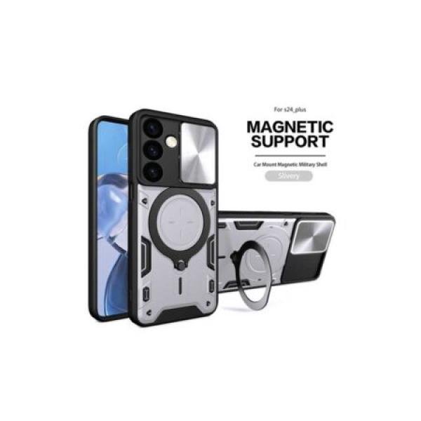 Galaxy S24 Plus Twisting Magnetic Ring Stand Case w/ Camera cover Silver (Retail Packaged)