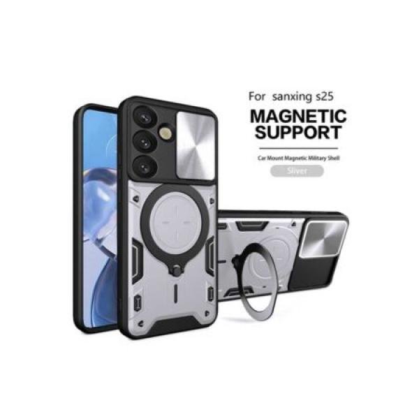Galaxy S25 Twisting Magnetic Ring Stand Case w/ Camera cover Silver (Premium Package)